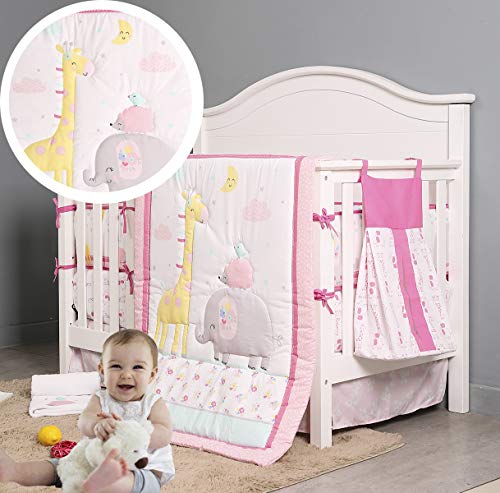 Brandream 4-Piece Baby Crib Bedding Set - Soft Elephant & Jungle Animal Print Nursery Bedding for Boys & Girls | Includes Comforter, Fitted Sheet, Bed Skirt & Diaper Stacker | Perfect for Nursery Decor, Baby Shower Gifts & Toddler Room Themes