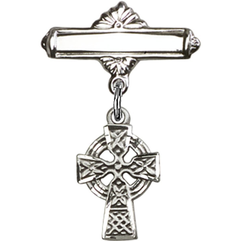 Bonyak Jewelry Saint Medal Collection - Sterling Silver Baby Badge with Celtic Cross Charm & Polished Badge Pin (1 X 5/8 inches) - Perfect for Baptism Gifts, First Communion, Christening & Religious Jewelry