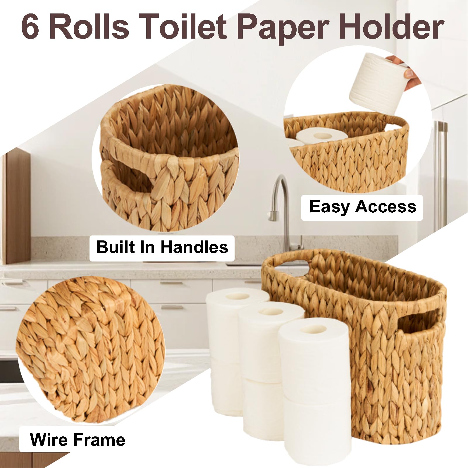 FairyHaus Natural Water Hyacinth Toilet Paper Holder Basket - Handwoven Freestanding Bathroom Storage with Built-in Handles (Holds 6 Rolls) - Perfect for Bathroom Organization & Farmhouse Decor