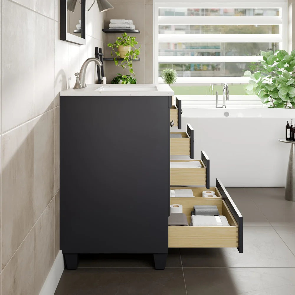 Eviva Acclaim 30 Inch Bathroom Vanity with Carrara Quartz Countertop - Modern White Bathroom Sink Cabinet for Small Spaces, Perfect for Powder Rooms and Guest Bathrooms