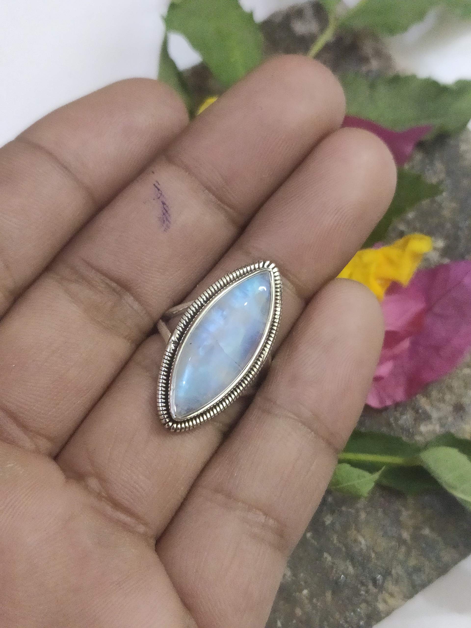 Genuine Rainbow Moonstone Ring - 925 Sterling Silver Marquise Gemstone Ring for Engagement, Promise, June Birthstone & Anniversary | Victorian Style Bohemian Jewelry - Perfect Unique Gift for Women, Brides & Boho Lovers (Ideal for Weddings, Proposals & Special Occasions)