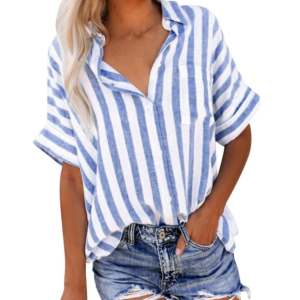 Fourdir 2022 Summer Women's Casual Striped Short Sleeve Button-Up Blouse - Trendy Fashion Top for Work, Dating & Vacation