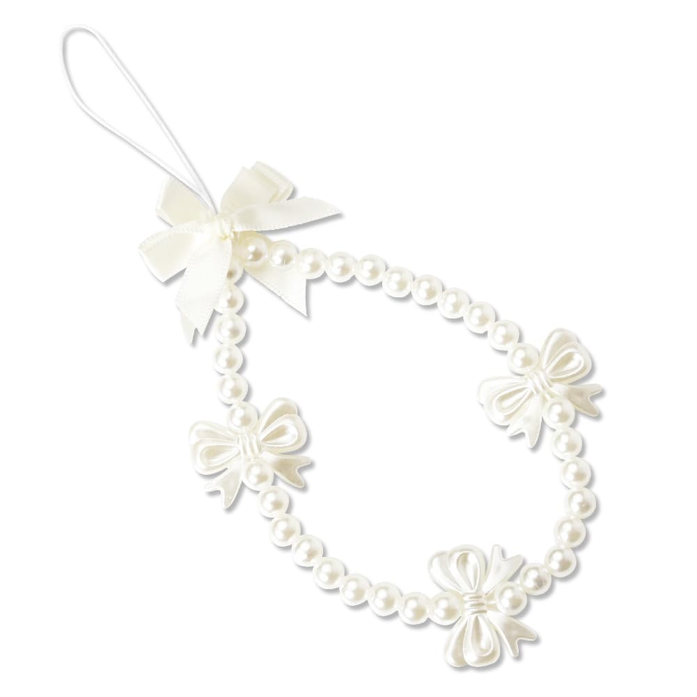 Elegant White Pearl Beaded Phone Lanyard with Bow Charm - Anti-Lost Wrist Strap for Women & Girls | Perfect for iPhone, Samsung, Phone Cases & Everyday Use