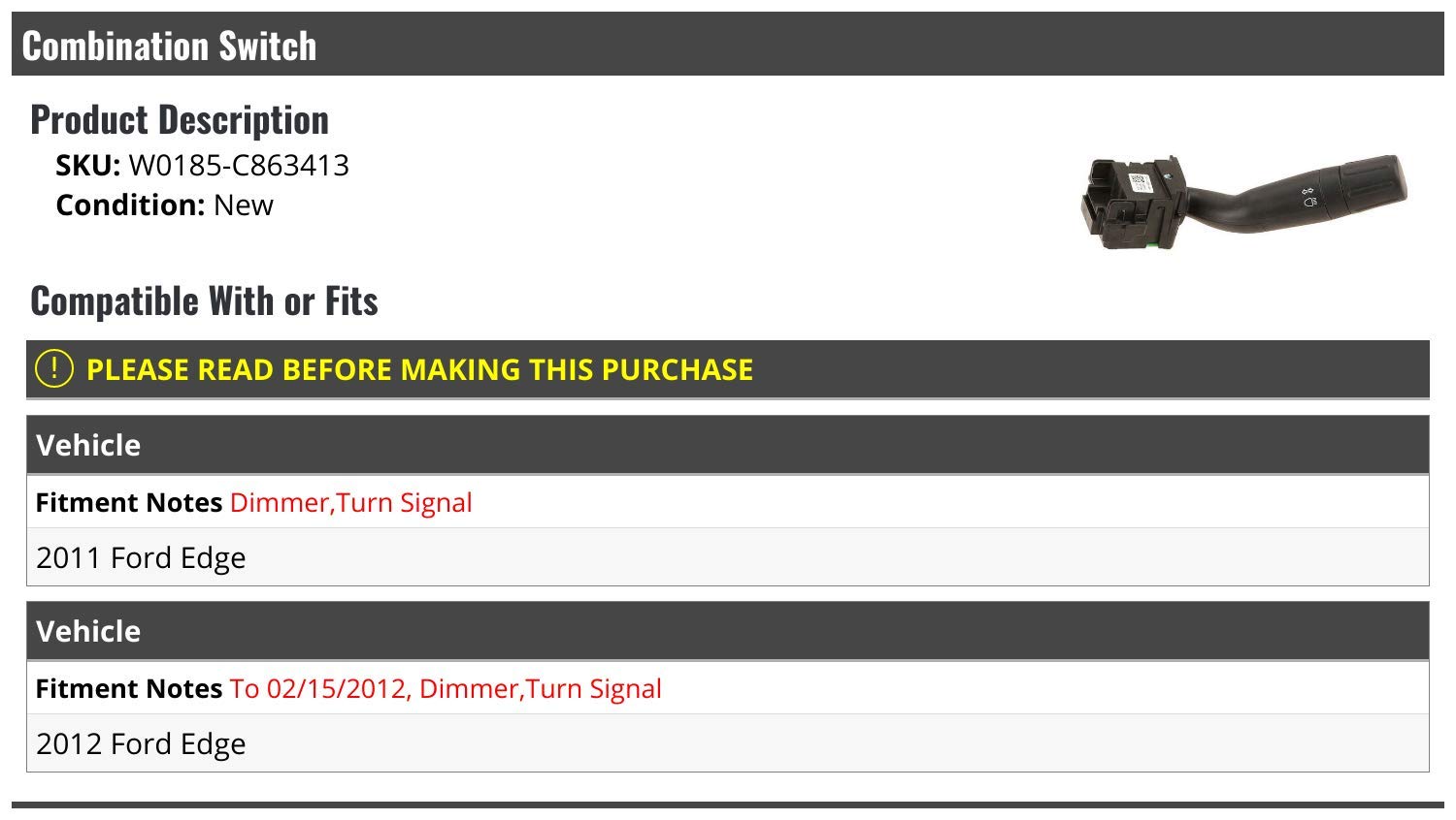 Ford Edge Combination Switch - Compatible with 2011-2012 Models (Up to 02/15/2012) | Turn Signal & Headlight Control | Easy Installation for DIY Auto Repair