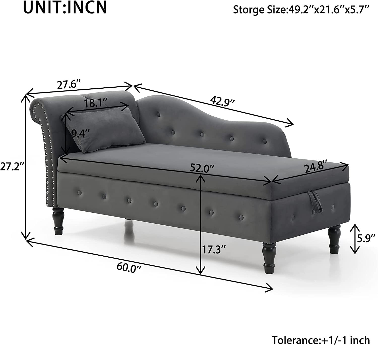 Anwick Modern Tufted Fabric Chaise Lounge Chair - Upholstered Recliner with Storage for Living Room & Bedroom | Sleeper Sofa in Grey | Perfect for Small Spaces, Home Theater & Reading Nook