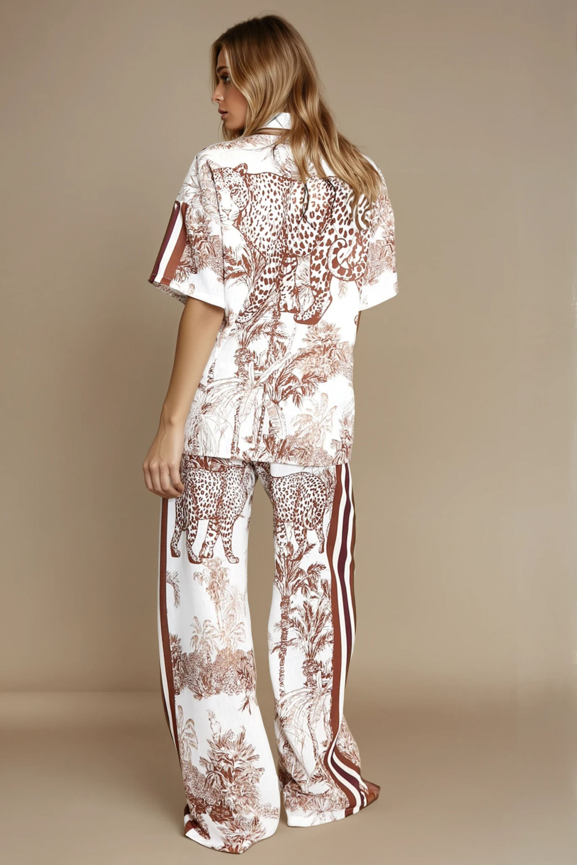 Brown Leopard Print Porcelain Blouse and Pants Set for Women - Stylish Casual Outfit for Work, Date Night & Fall Fashion