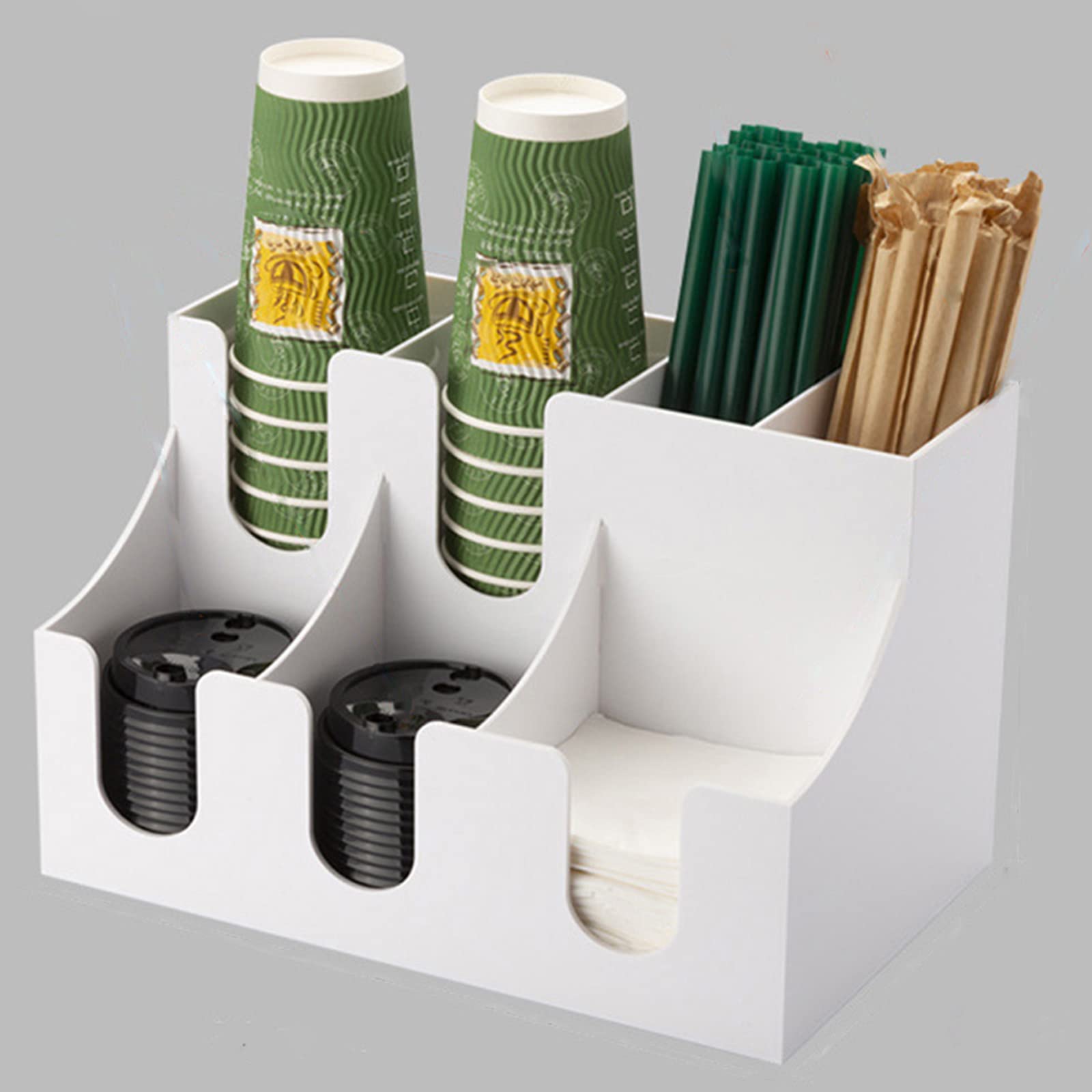 White Coffee Condiment & Accessories Organizer - Cup Lid Dispenser with Tea Bag, Sugar & Straw Storage - Perfect for Office Coffee Station & Home Kitchen Organization