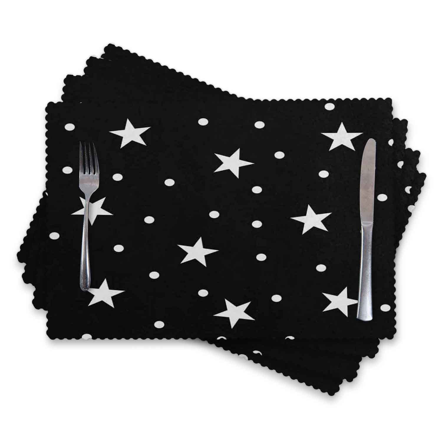 Heat-Resistant & Stain-Resistant Washable Cloth Placemats Set of 4 - Polka Dot Star Pattern in White & Black for Dining Table Decor & Kitchen Protection