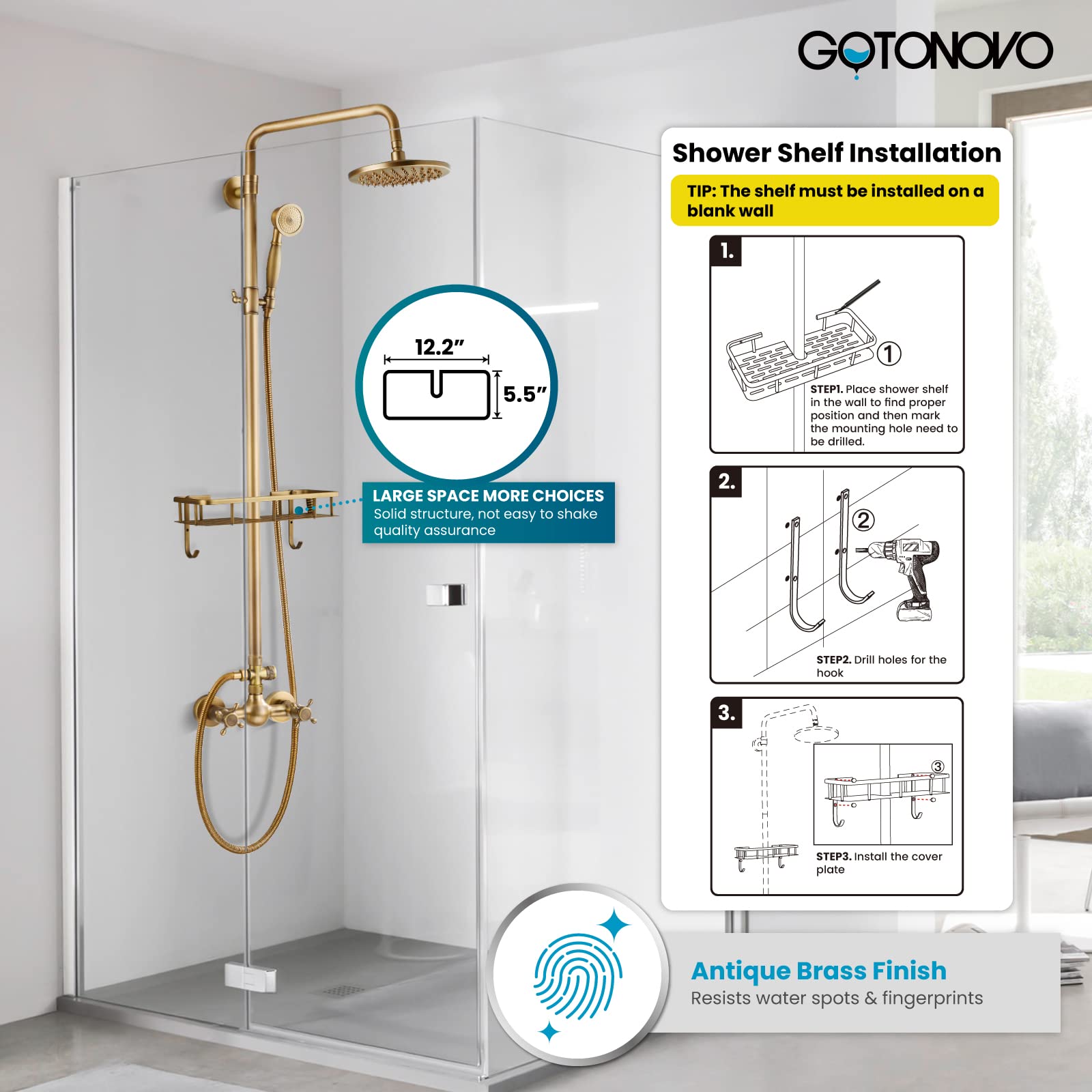 Gotonovo 8 Inch Antique Brass Rainfall Shower System - Wall Mounted Bathroom Faucet with Adjustable Handheld Sprayer, Shower Shelf & Double Cross Handles | Perfect for Vintage Style Bathrooms & Spa-Like Shower Experience