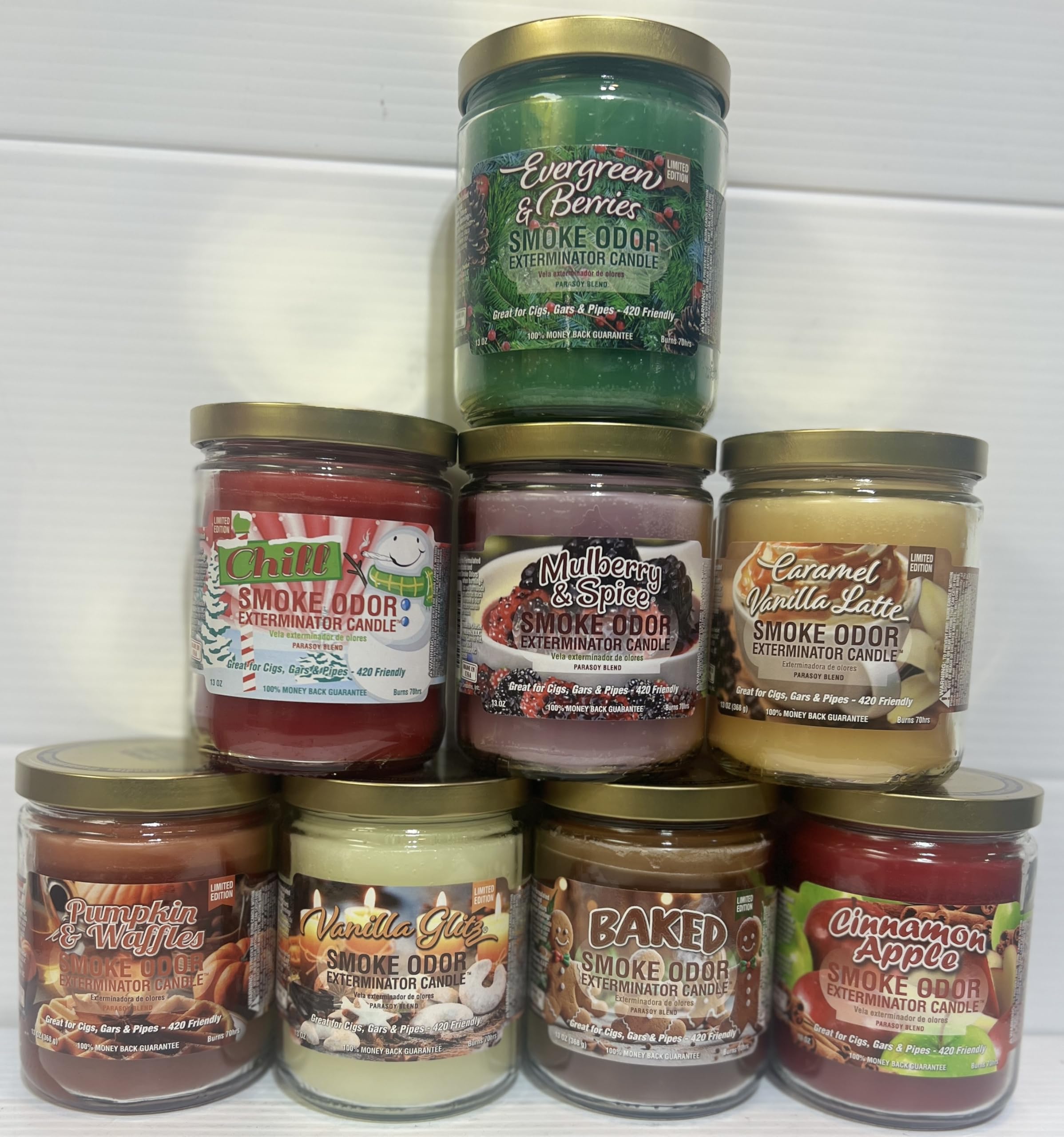 Evergreen & Berries Smoke Odor Eliminator Candle - 13oz Jar, 8-Pack Set with Cinnamon Apple, Pumpkin Waffles, Baked, Chill, Mulberry Spice, Caramel Vanilla Latte & Vanilla Glitz Scents | Home & Office Air Freshener for Smoke Removal, Parties & Relaxation