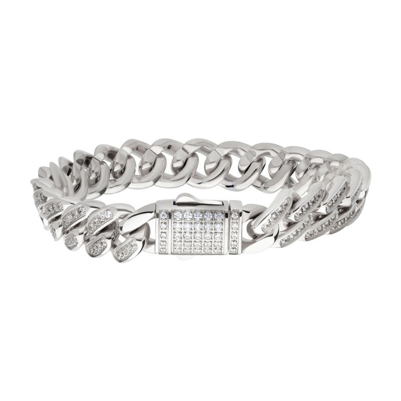 12mm Stainless Steel Miami Cuban Link Bracelet - CNC Precision Set with Genuine Cubic Zirconia Stones - Secure Double Tab Box Clasp - Perfect for Men's Jewelry, Gift Giving, and Special Occasions