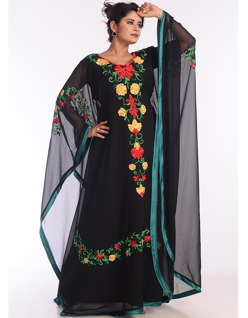 Elegant Arabic Black Georgette Farasha Dress with Hand Zari Embroidery - Perfect for Weddings, Parties & Special Occasions