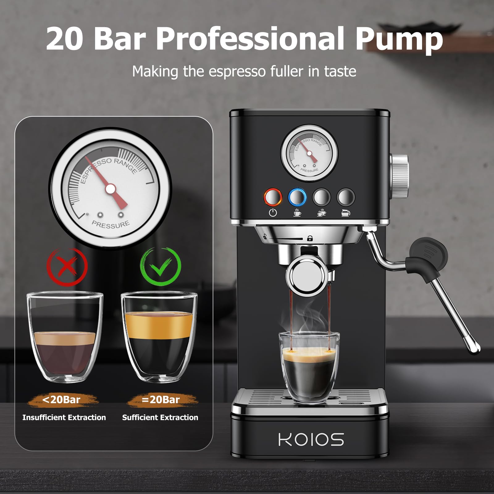 KOIOS 20 Bar Semi-Automatic Espresso Machine with Milk Frother - Professional Home Coffee Maker for Espresso, Cappuccino & Latte - 58oz Removable Water Tank (Black) - Perfect for Home Baristas & Coffee Lovers