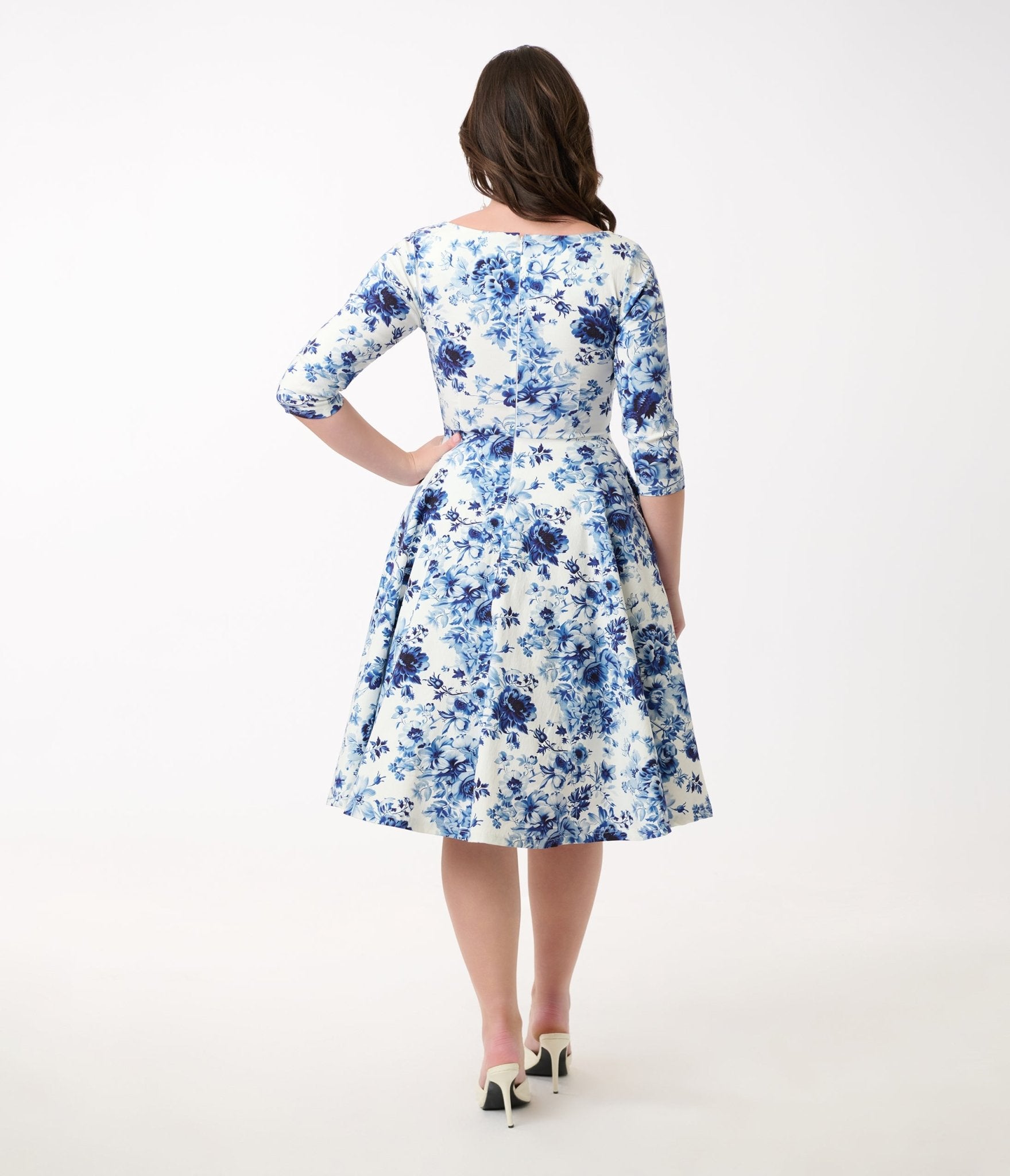 Vintage 1950s White & Blue Floral Pleated Swing Dress - Retro Cocktail Party & Wedding Guest Outfit