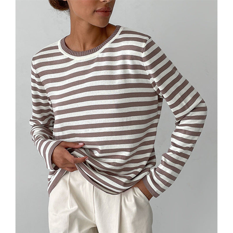Women's Striped Knit Sweater - Round Neck Long Sleeve Pullover for Fall & Winter | Cozy Casual Wear, Office Outfits & Holiday Fashion