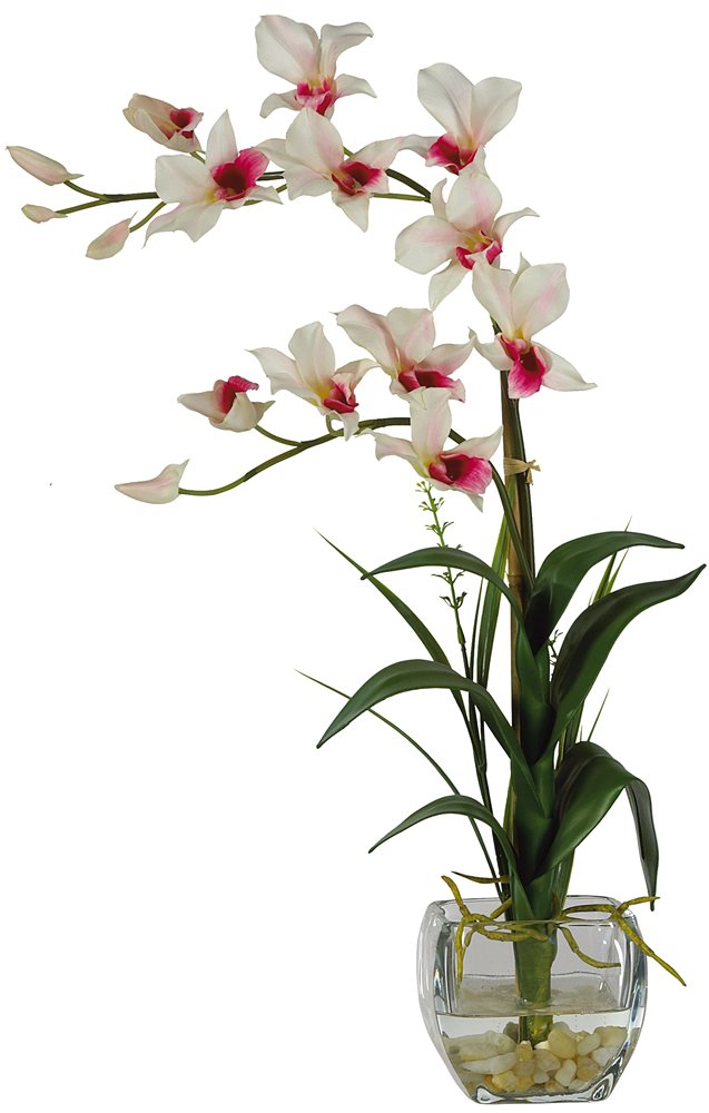 Nearly Natural White Dendrobium Silk Flower Arrangement in Glass Vase - Elegant Home Decor for Living Room, Office & Wedding Centerpieces