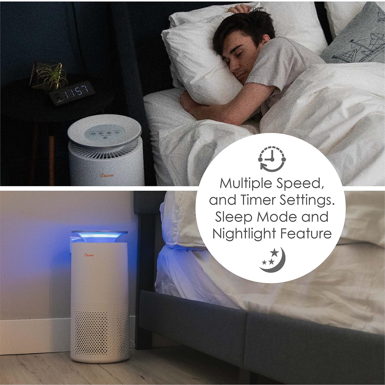 Crane True HEPA Air Purifier for Large Rooms up to 500 Sq Ft with Timer, Sleep Mode & Air Quality Monitor (Model EE-5069) - Perfect for Bedrooms, Offices & Allergy Relief