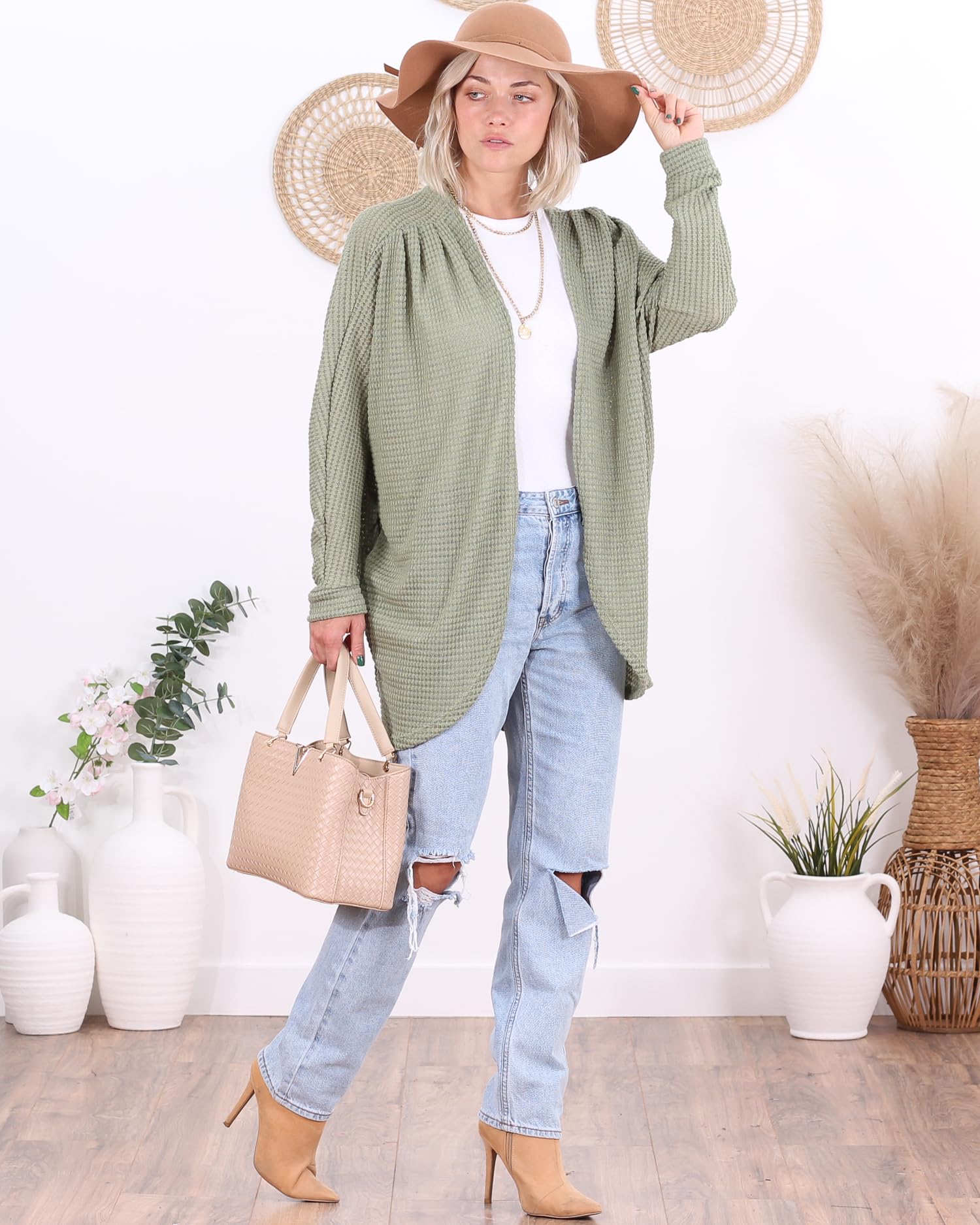 Popana Long Oversized Fall Batwing Waffle Knit Cardigan Sweater for Women with Pockets - Plus Size Cozy Loungewear for Autumn & Winter - Perfect for Casual Outfits, Work from Home & Coffee Dates