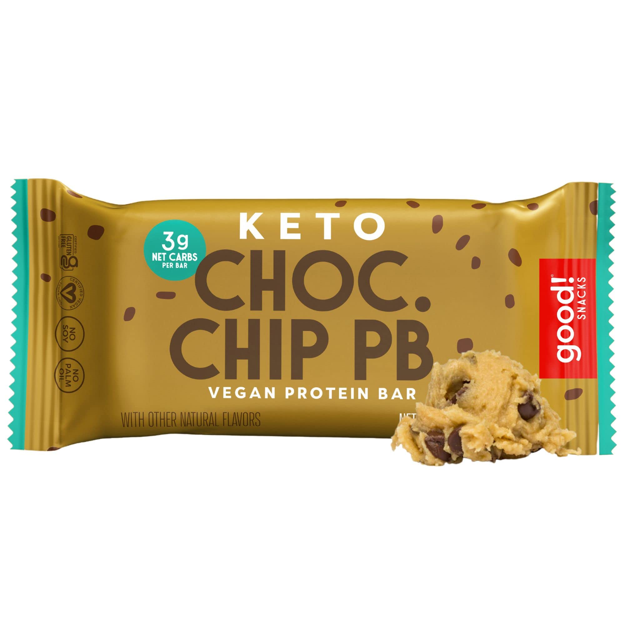 Keto Vegan Protein Bars - Chocolate Chip Peanut Butter, Gluten Free Low Carb Snack (12 Bars) | High Protein (11g), Low Sugar (3g Net Carbs) Meal Replacement for Weight Loss & Fitness | Perfect for On-the-Go, Workout Recovery & Healthy Snacking