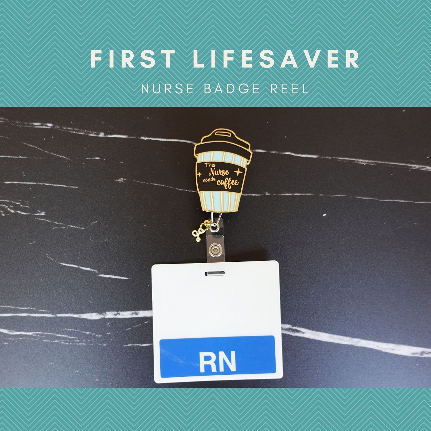 Retractable Nurse Badge Reel with Gold Plated Charm - First Lifesaver ID Holder for Nurses, Nursing Students & NPs (Mint Coffee) | Perfect for Hospitals, Clinics & Healthcare Professionals