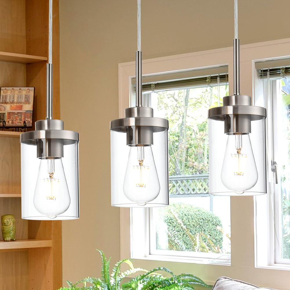 Brushed Nickel 3-Light Pendant Lighting Fixture with Clear Glass Shade - Modern Hanging Lights for Kitchen Island, Dining Room, Bar Counter & Breakfast Nook