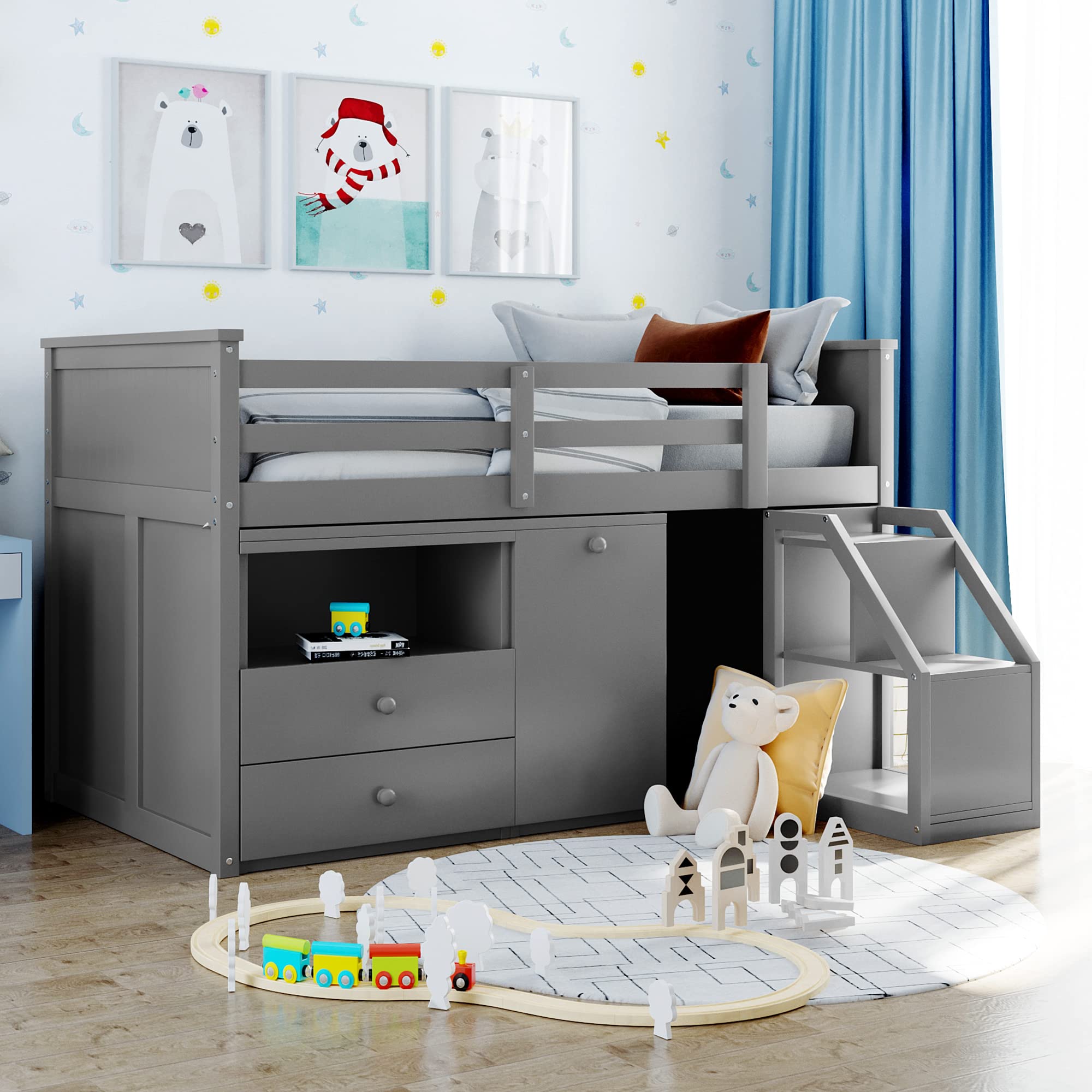 Kids Twin Loft Bed with Study Desk & Storage - Low Height Wooden Bunk Bed Frame, Portable Workstation & Stair Drawers (Gray) - Perfect for Small Bedrooms, Dorms & Space-Saving Kids' Rooms