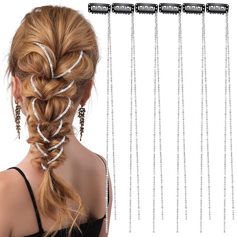 Belicia 6-Piece Rhinestone Hair Chains for Women - Silver Pearl Hair Extensions & Braiding Clips (Pack of 1) | Perfect for Weddings, Parties & Special Occasions
