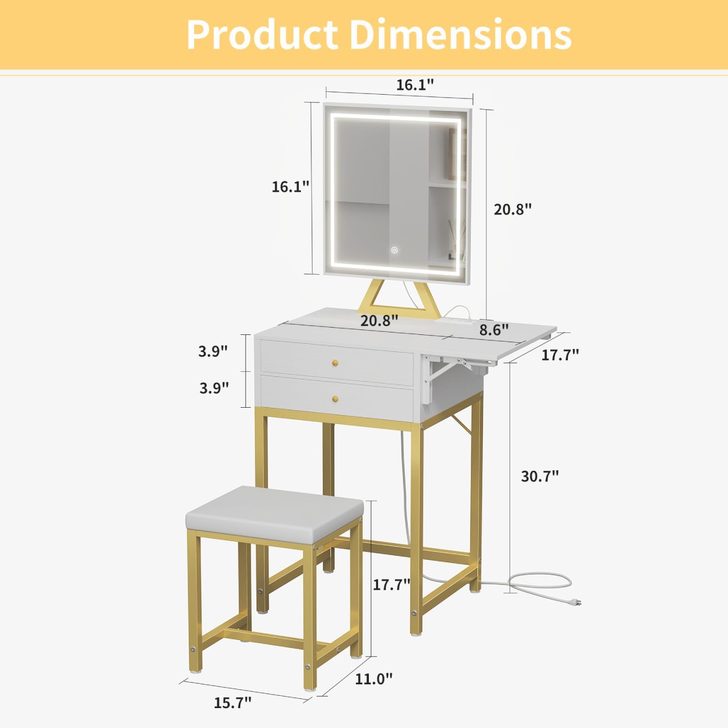 Small Makeup Vanity Desk with LED Lights - White Vanity Set with Mirror & Stool, Compact Dressing Table with Storage Drawers & USB Outlet for Bedroom, Apartment - Perfect for Beauty Routine, Makeup Application & Small Space Organization (Gold Trim)