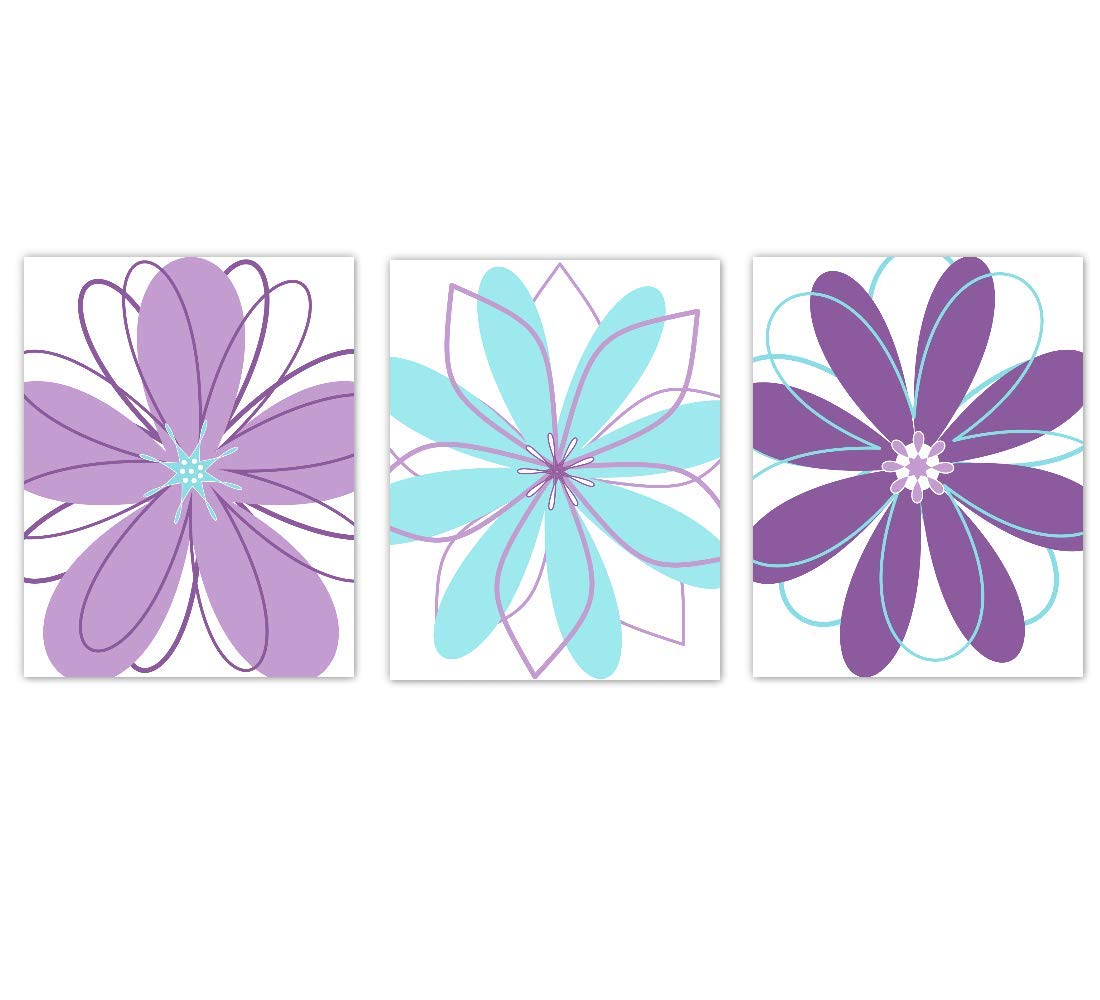 Modern Purple Floral Wall Art - Set of 3 Unframed Prints for Girls Bedroom Decor | Boho Chic Home Aesthetic, Nursery & Teen Room Wall Decoration