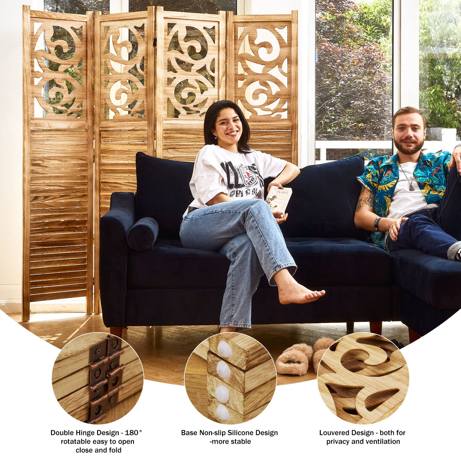 Wooden Room Divider Folding Partition Screen - 4 Panel Carved Wall Divider 67x60 Inches for Home, Office, Garden & Terrace | Portable Space Separator for Privacy, Decoration & Room Organization