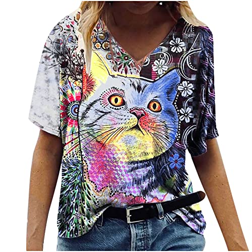 Women's Floral Painting Printed V-Neck T-Shirt - Short Sleeve Loose Fit Graphic Tee for Casual Wear, Summer Outfits & Artistic Fashion