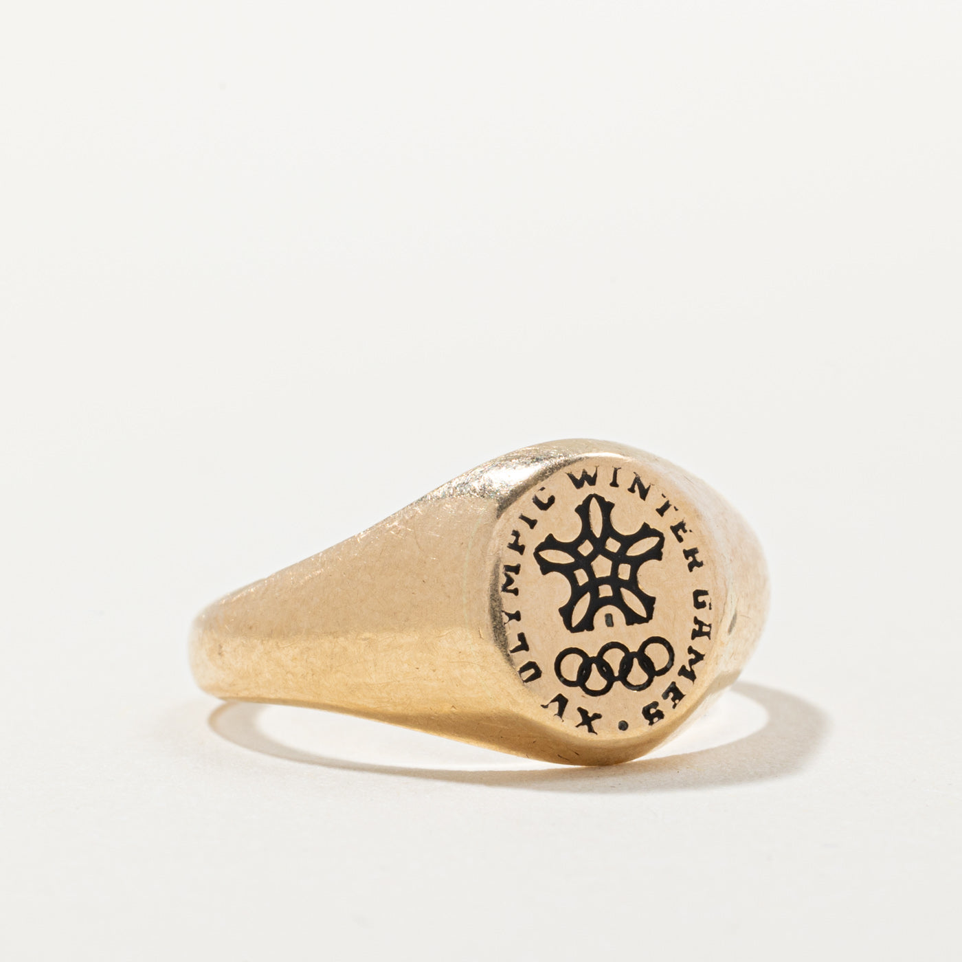14K Yellow Gold XV Olympic Winter Games Signet Ring for Men & Women - Size 7.25 - Vintage Sports Collector's Jewelry Gift for Olympics Fans & Athletes