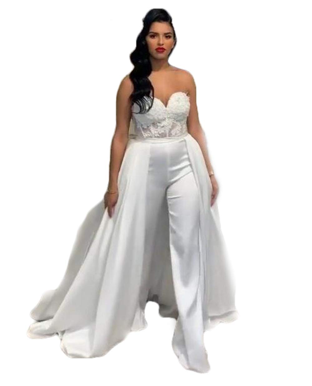 Elegant Strapless Lace Wedding Jumpsuit for Women with Detachable Skirt & Pant Suit - Perfect for Bridal Ceremony, Reception, and Formal Events