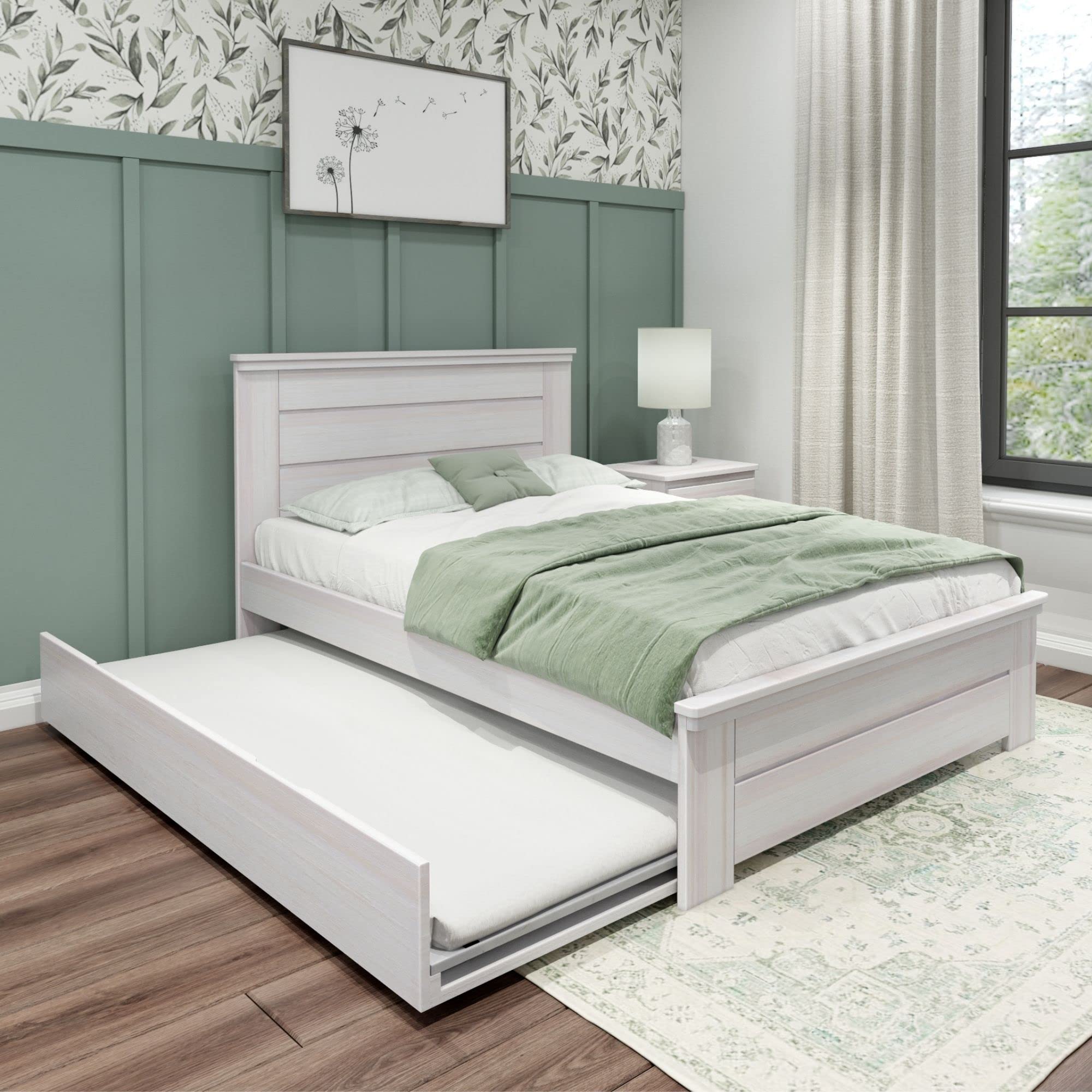 Max & Lily Modern Farmhouse Full Size Bed with Panel Headboard & Trundle - White Wash Finish | Perfect for Kids Bedroom, Guest Room & Small Space Living