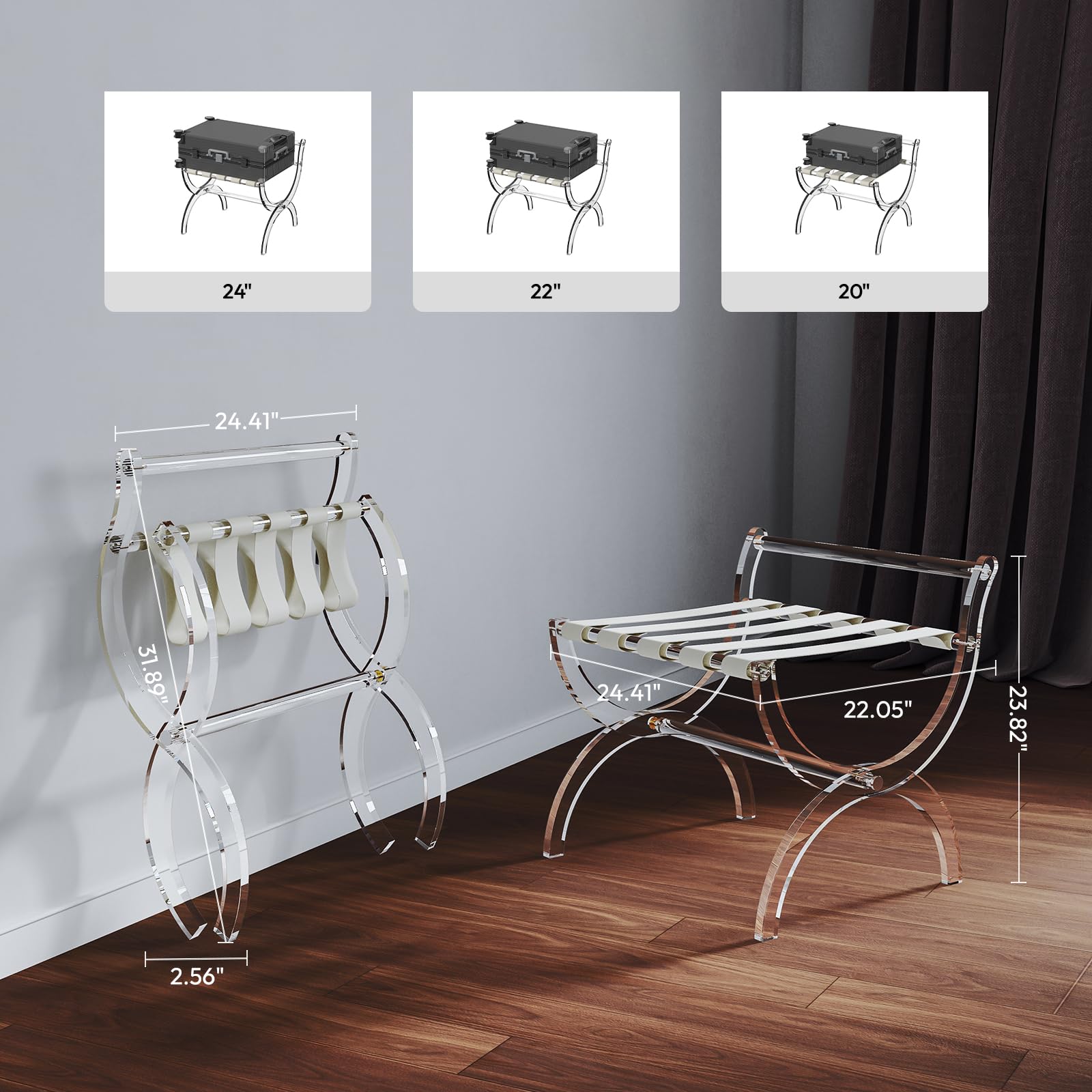 Byingo Foldable Acrylic Luggage Rack with Leather Straps - Heavy Duty Suitcase Stand Holds 50-100 lbs, High Back Support - Perfect for Bedroom, Guest Room & Hotel Use - Portable & Space Saving Travel Storage Solution
