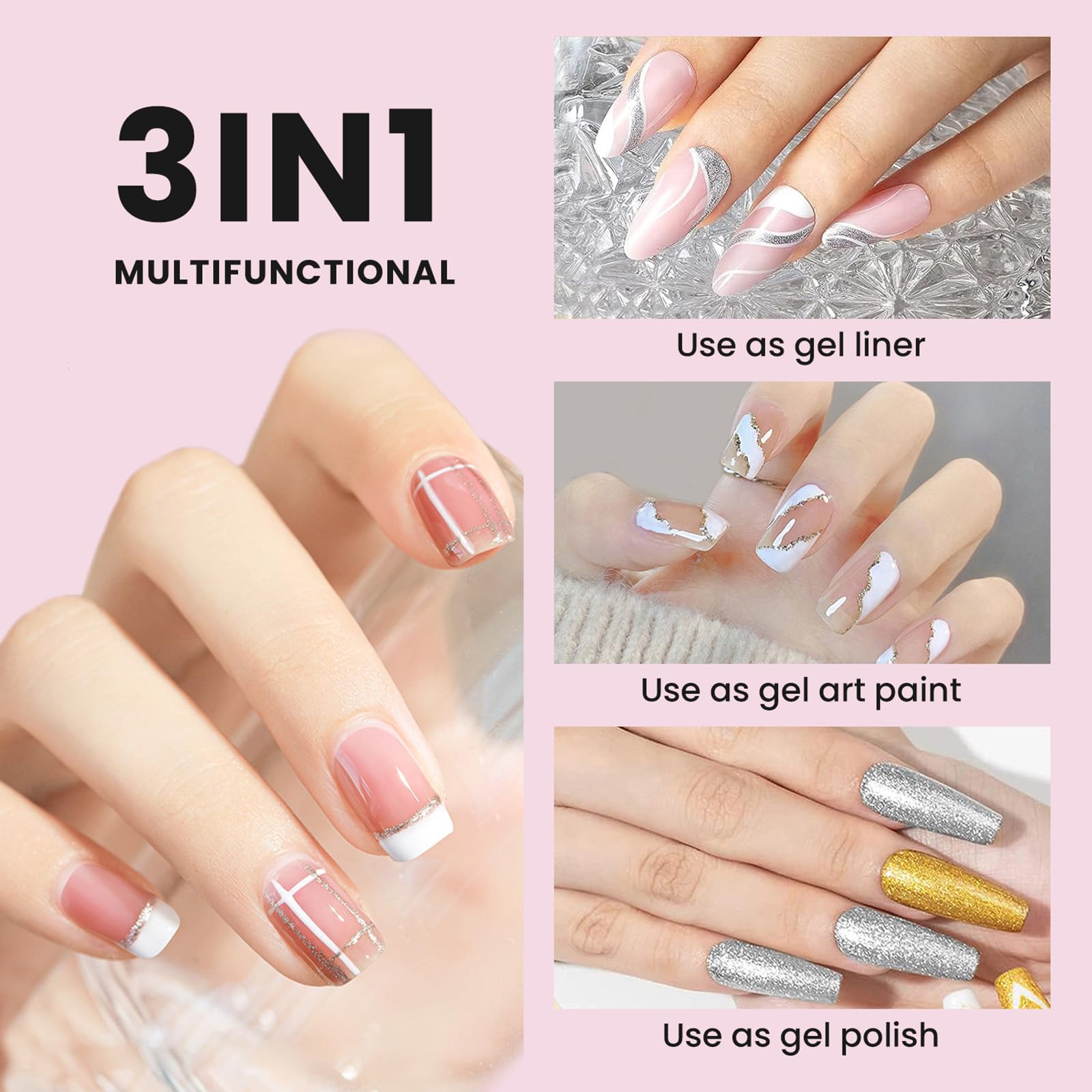 4 Pcs Gel Nail Polish Set - Black, White, Gold & Silver Glitter Colors with Thin Nail Art Brush | Soak Off LED Lamp Compatible | 0.33 fl.oz Each | Perfect for Salon, Home Manicures & Nail Art Designs