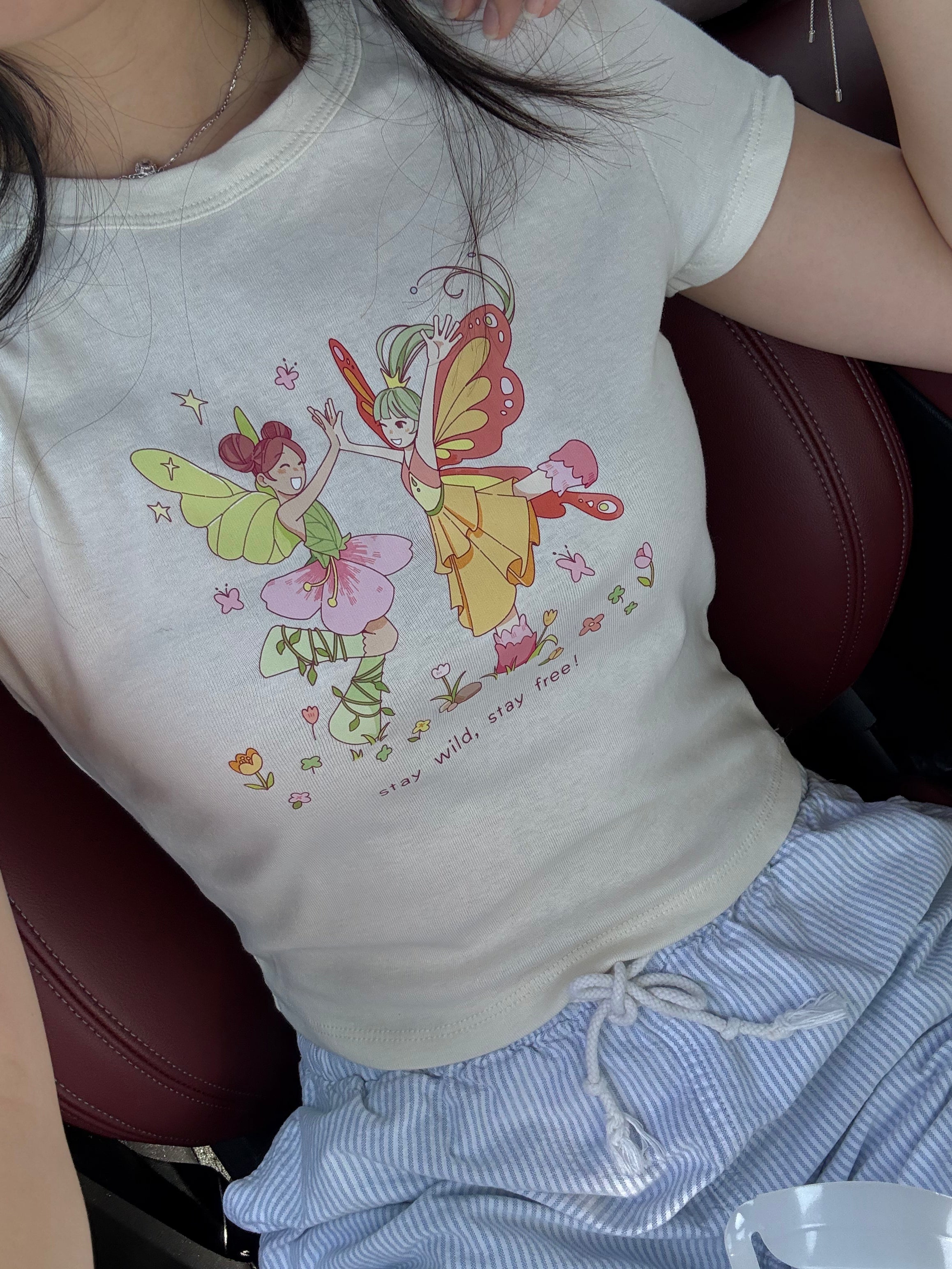 Dancing Fairies Baby Tee - Fairycore Aesthetic Ivory Graphic T-Shirt for Women | Cute Casual Top for Spring Outfits, Music Festivals & Boho Style