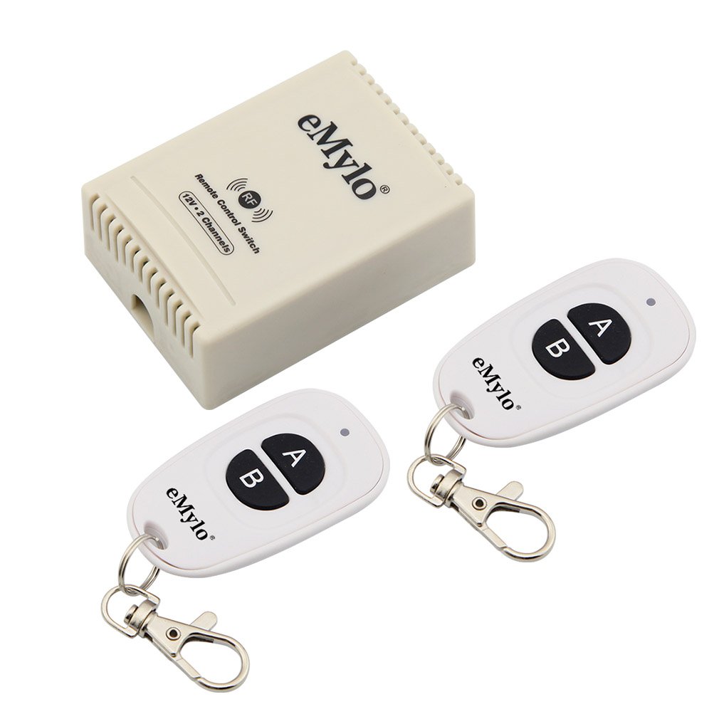 eMylo 12V Relay Switch with 433MHz Wireless RF Remote Control - 2-Channel System with 2 Transmitters for Door & Light Control | Home Automation & DIY Projects