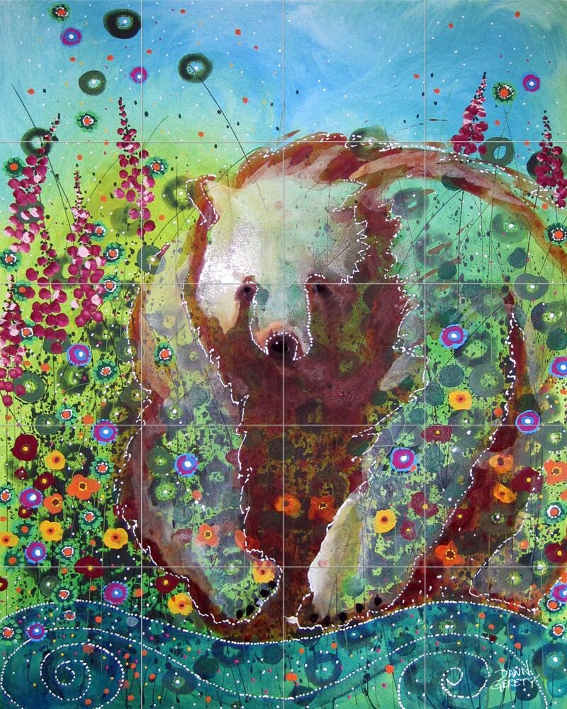 Ceramic Backsplash Tile Mural - Black Brown Grizzly Bear Wildlife Art for Kitchen & Bathroom - Fireweed Bear Design by Dawn Gerety - Perfect for Rustic, Cabin, or Nature-Themed Home Decor