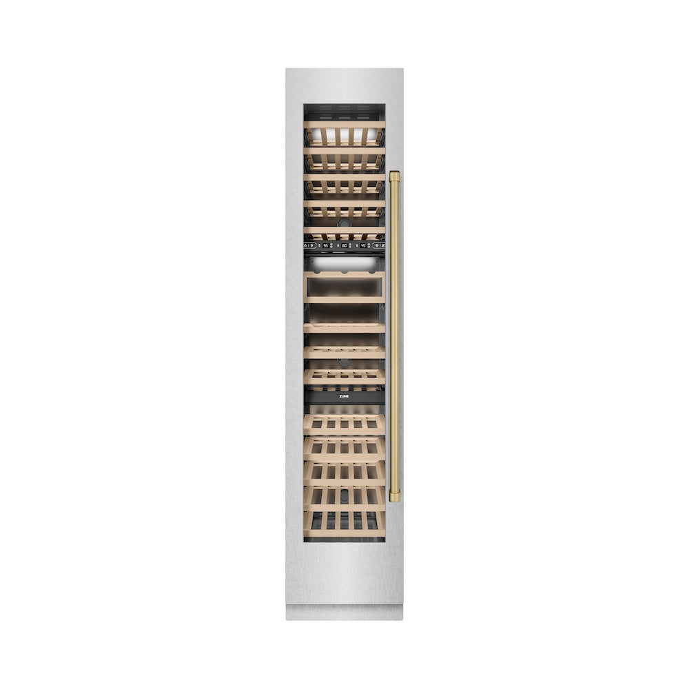 ZLINE Autograph Edition 18-Inch 9.0 cu. ft. Triple Zone 68-Bottle Left Hinge Column Wine Cooler in Satin Stainless Steel with Champagne Bronze Accents - Perfect for Wine Cellars, Restaurants, and Home Bars (RCWVLZ SN 18 CB)