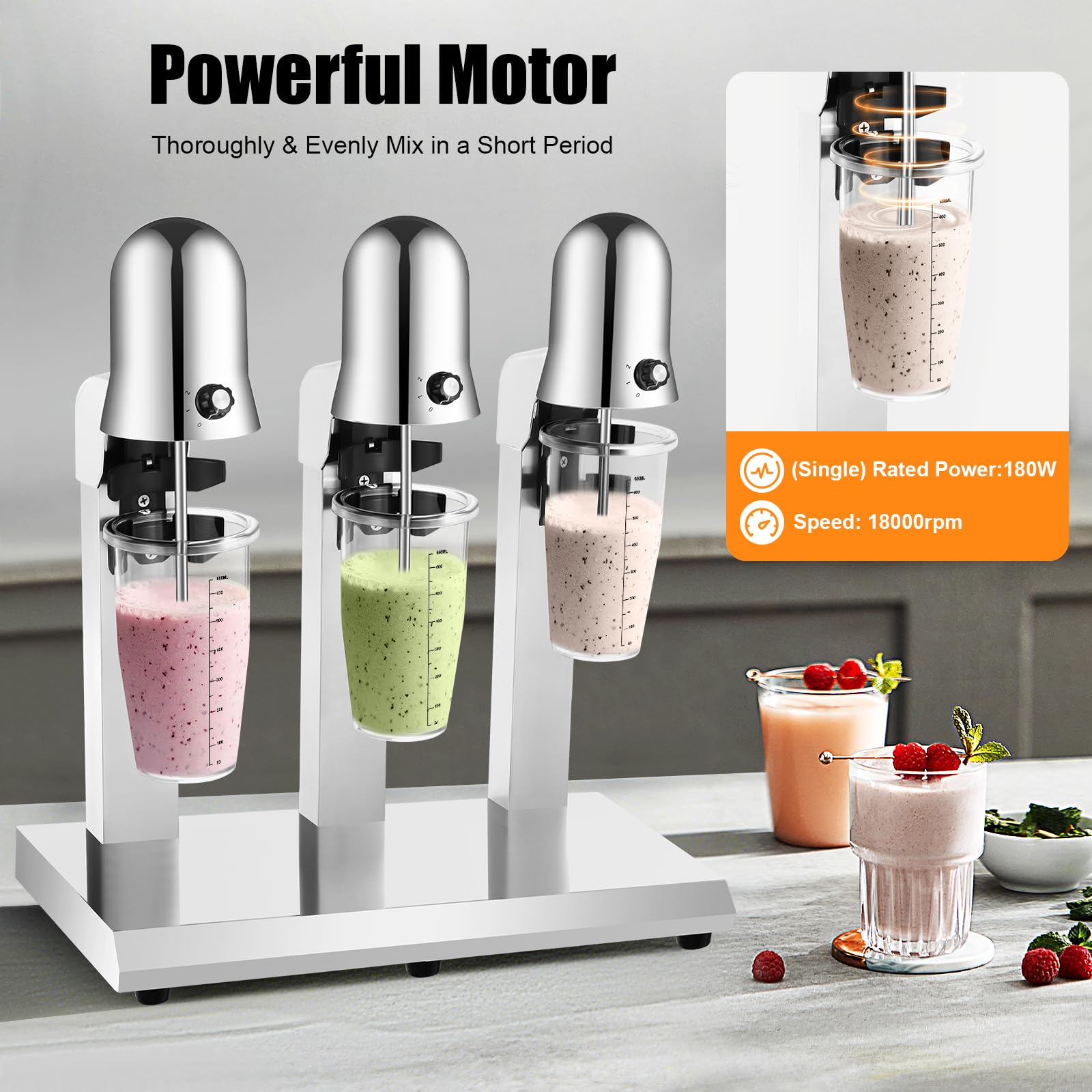 Commercial Electric Milkshake Maker - 110V 18000RPM Stainless Steel Drink Mixer with 2-Speed Control for Smoothies, Shakes & Malt Drinks - Perfect for Restaurants, Cafes & Home Bars