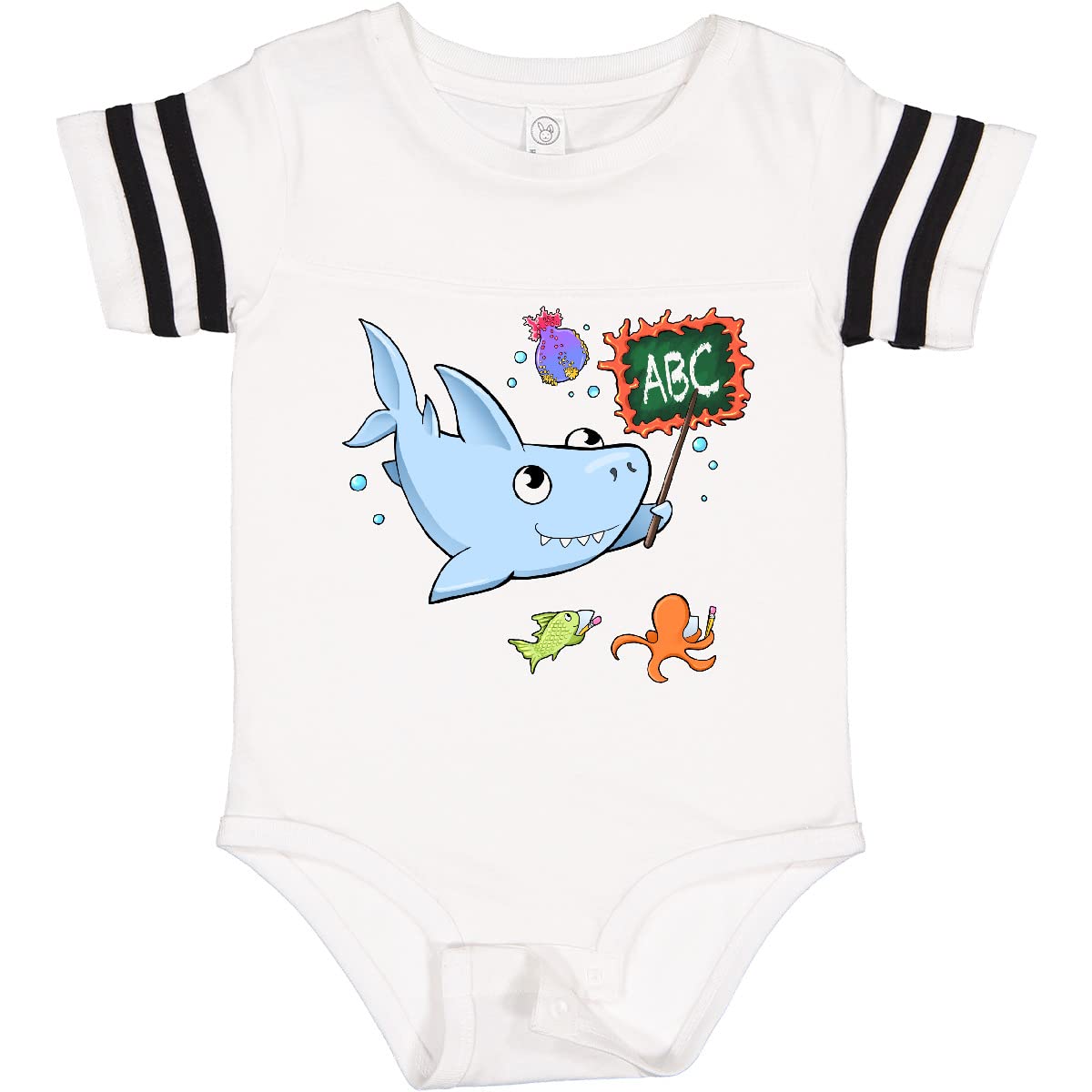 Inktastic Teacher Shark with School of Fish Baby Bodysuit - Cute Infant Onesie for Daycare, School & Playtime - Perfect Gift for Teachers & Shark Lovers