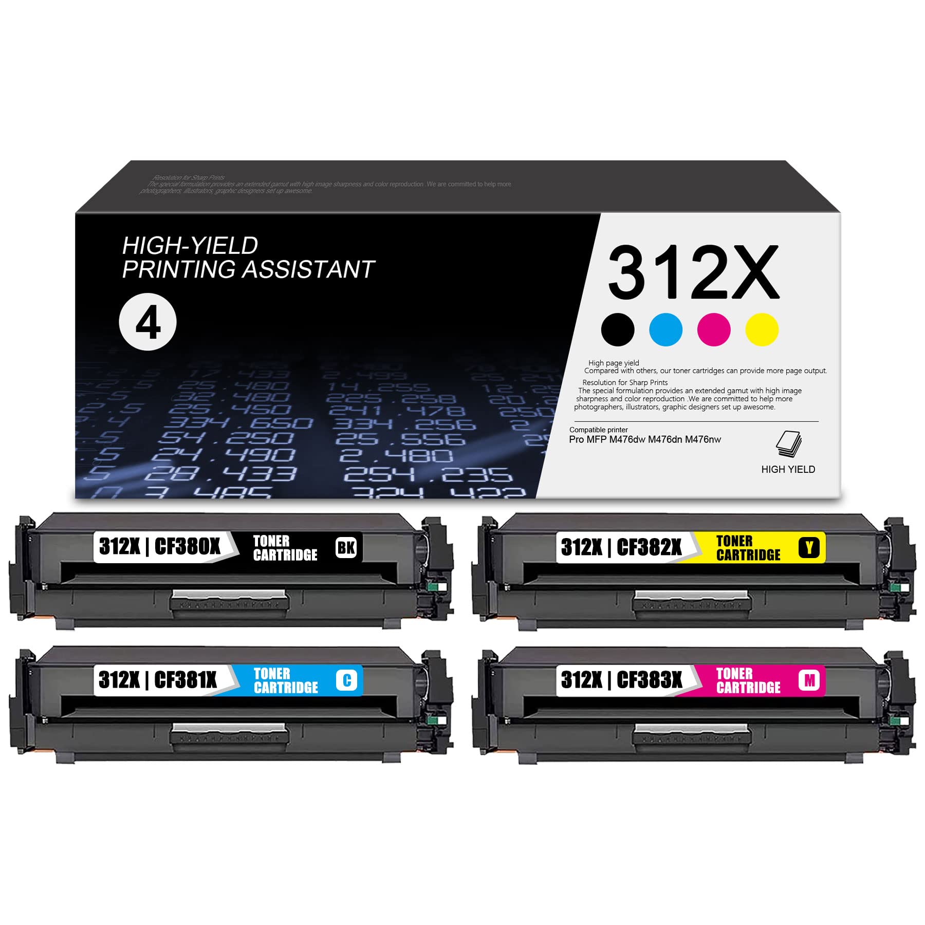 4-Pack (1BK/1C/1M/1Y) High Yield 312X CF380X CF381X CF382X CF383X Toner Cartridge Set - Compatible Replacement for HP Pro MFP M476dn M476dw M476nw Printers - Ideal for Office Documents, Home Printing & Small Business Use