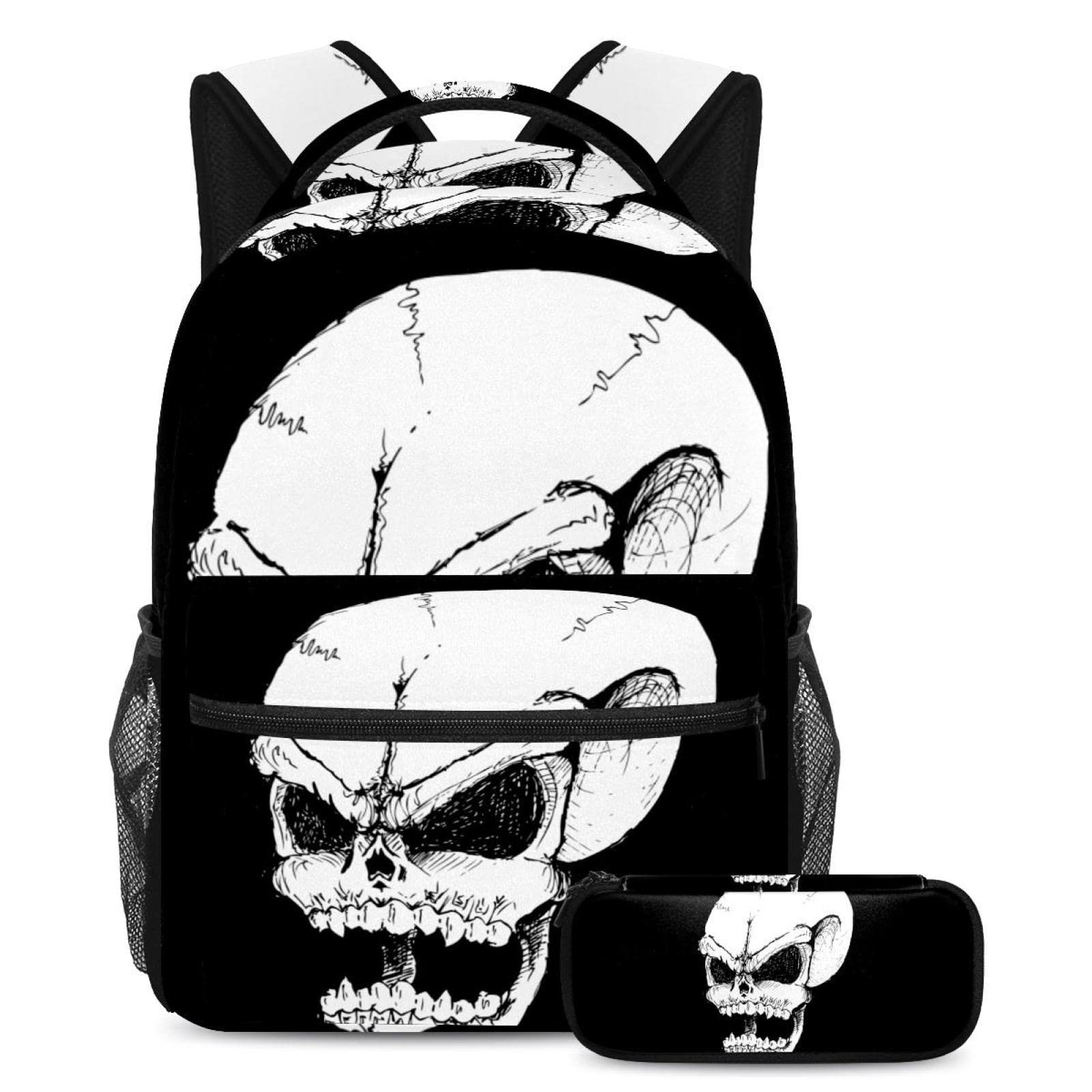 Skull Devil Happy Halloween Backpack Set - School Backpack & Leather Pencil Case for Boys & Girls, Durable Travel Laptop Backpack for Trick-or-Treating, School, College & Daily Use
