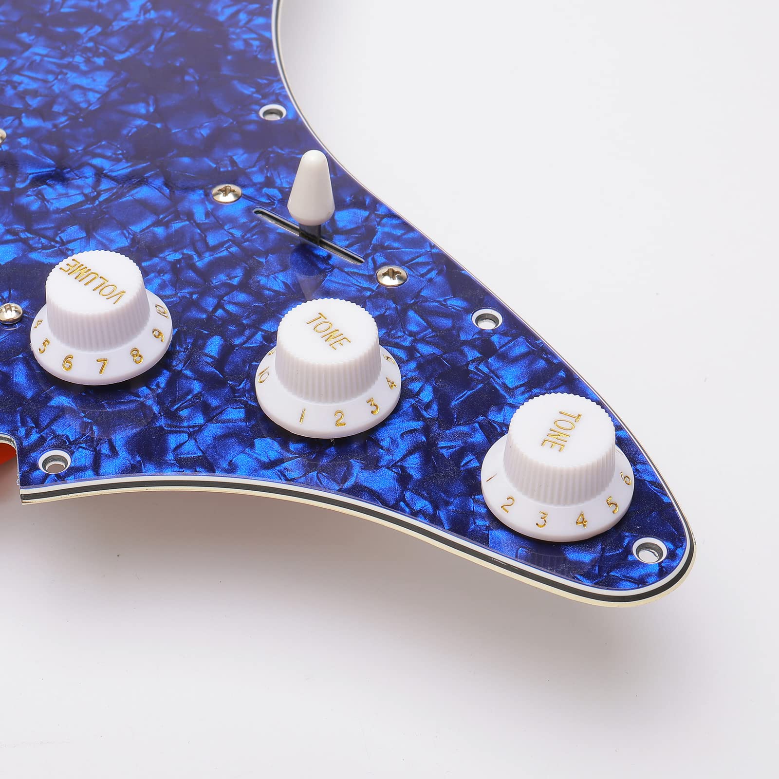 11 Hole Prewired HSH Pickguard with White Pickups for Stratocaster - 4 Ply Blue Pearl, Includes 6 Guitar Strings & Installation Tool - Perfect for DIY Guitar Upgrades & Custom Builds