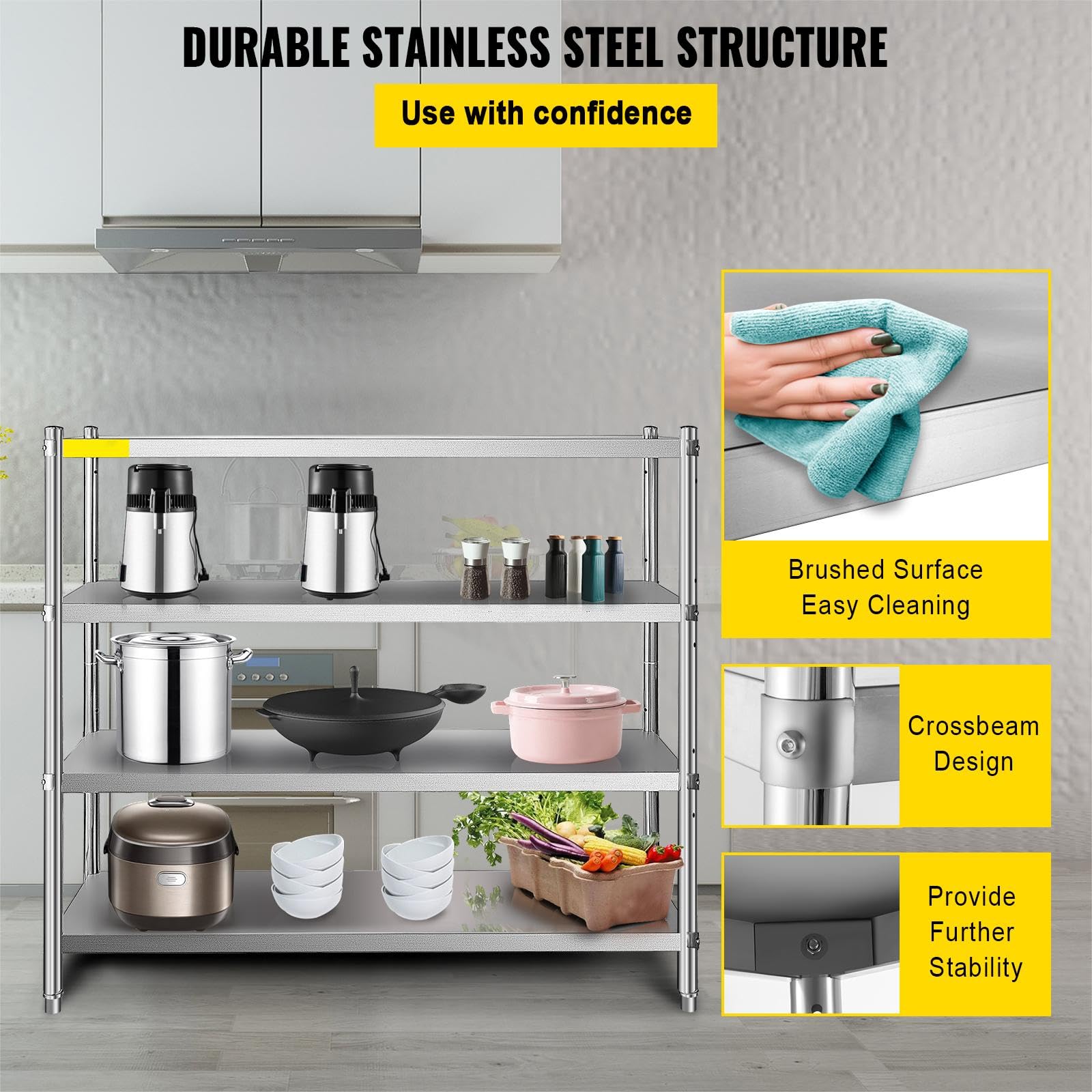 VEVOR 4-Tier Stainless Steel Storage Shelf - Heavy Duty Adjustable Shelving Unit with 1320 lbs Capacity - Perfect for Garage, Warehouse, Pantry & Home Organization