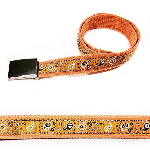 Stylish Orange Bandana Belt for Adults & Kids - Adjustable Paisley Design with Silver Military Buckle (17”-56”) - Perfect for Western Outfits, Costumes & Casual Wear