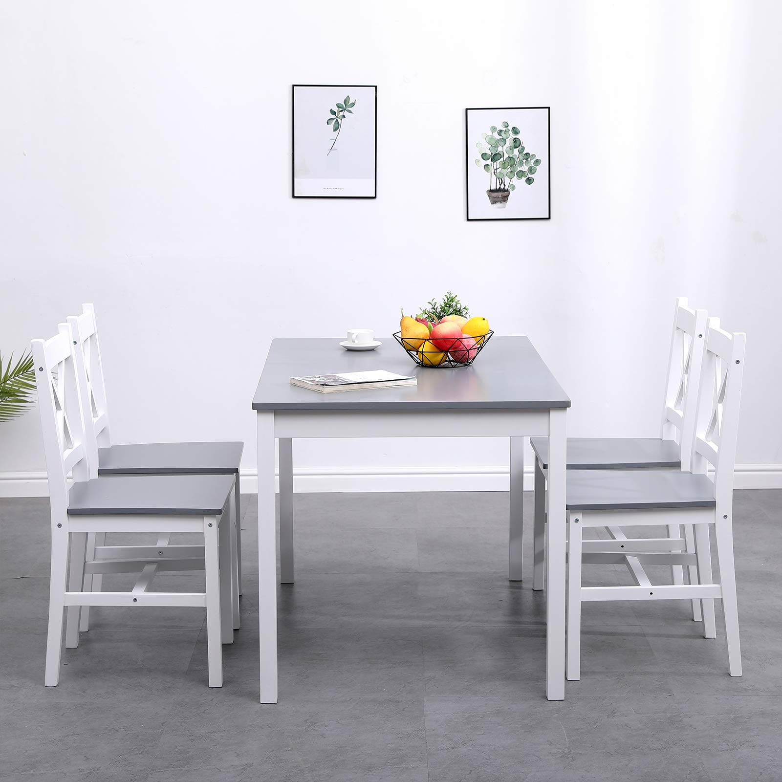 DlandHome 5-Piece Pine Wood Dining Table Set with 4 Chairs - Rustic Kitchen & Dining Room Furniture for Home, Office, or Small Space (BSB-023)