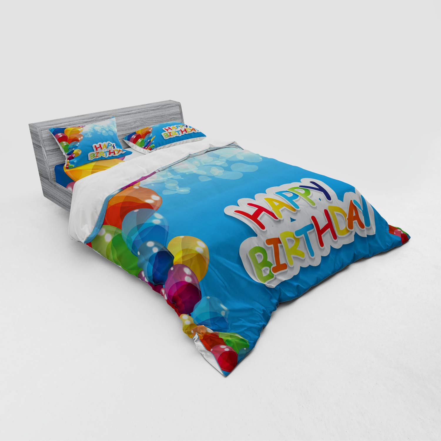 Ambesonne Vibrant Balloons in The Sky Duvet Cover Set - 4 Piece Queen Size Bedding with Shams & Fitted Sheet, Abstract Air Celebration Theme - Perfect for Birthday Parties & Kids Room Decor