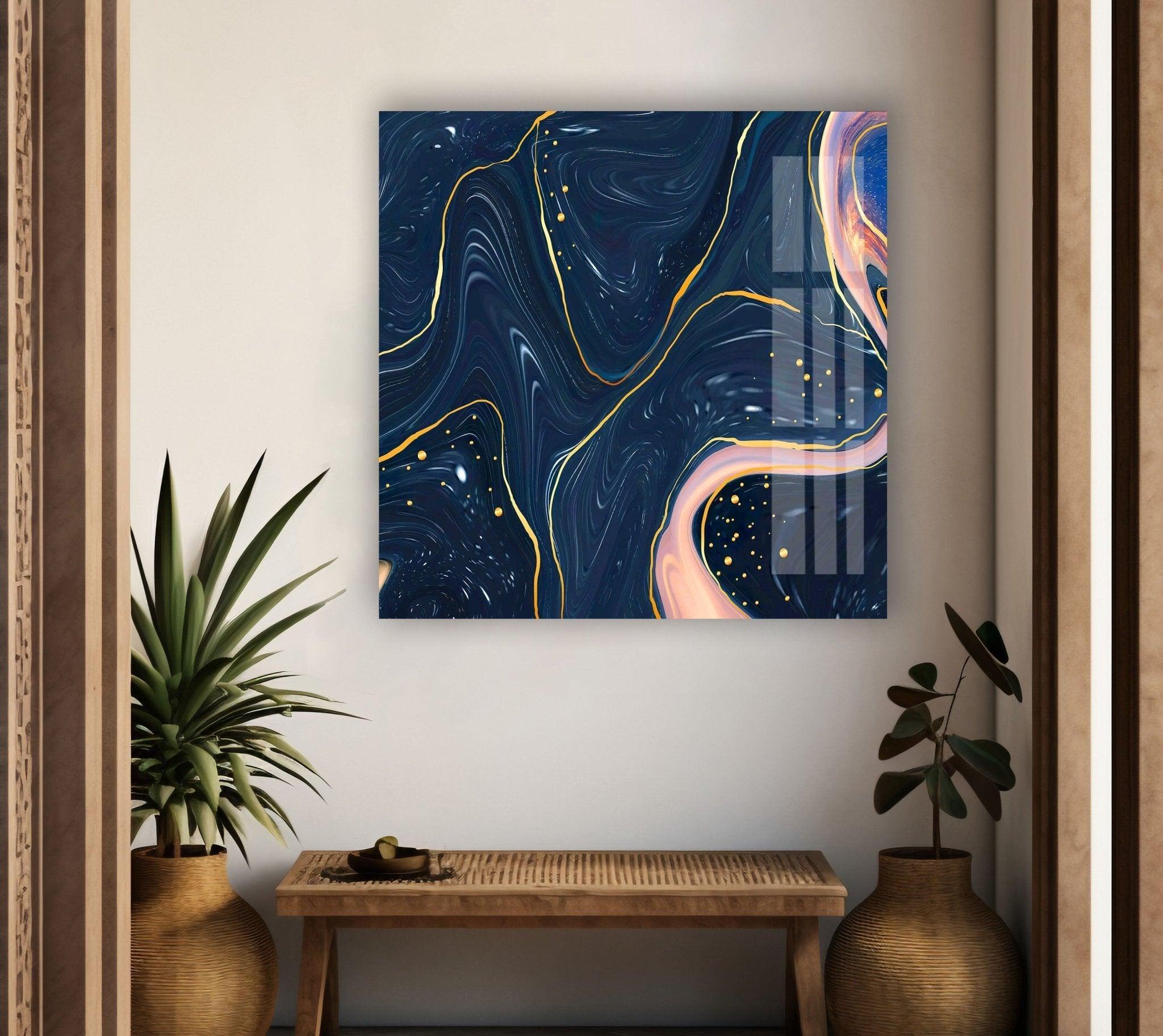 Abstract Dark Blue Glass Wall Art - Modern Handmade Decor for Living Room, Bedroom & Office - Unique Home & Office Decoration